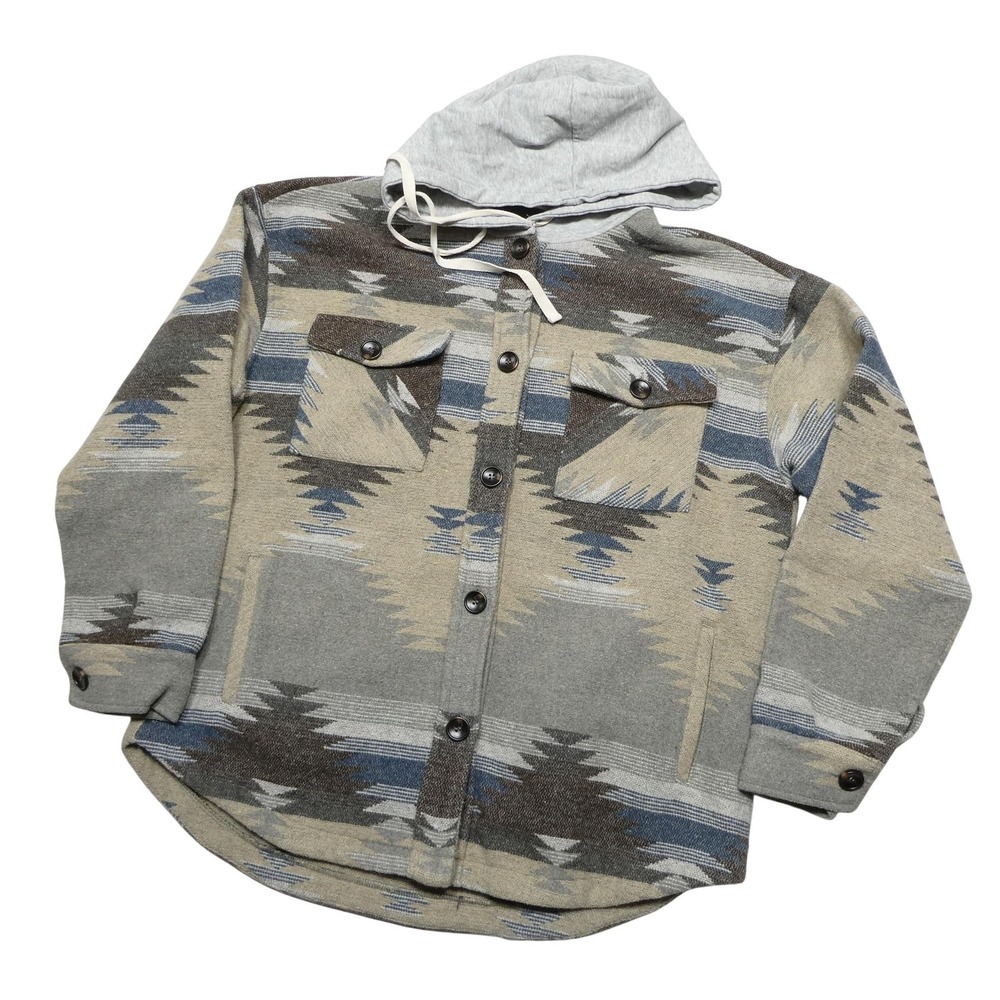 Staccato Jacket Womens Large Gray Aztec Hooded Button Front Shacket Southwestern